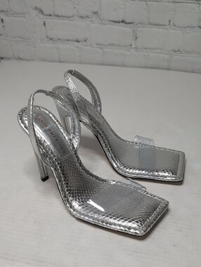 Good American Silver Metallic Slingback Square Toe Heels with Clear Toe Strap
